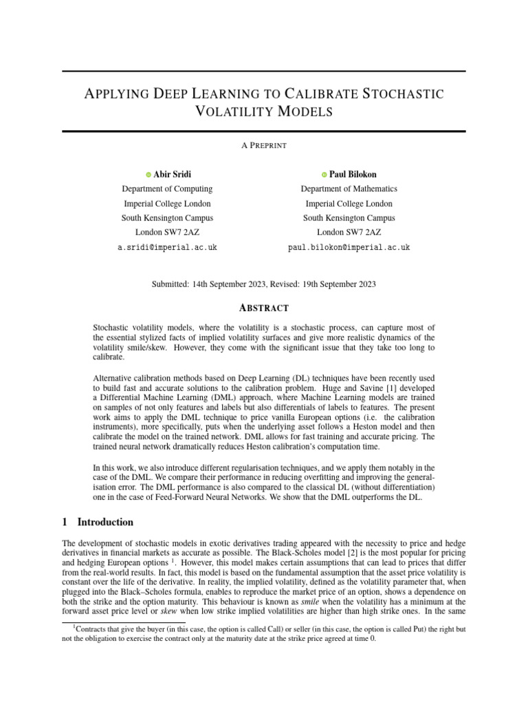 Deep Learning for Stochastic Volatility Calibration | PDF | Option ...
