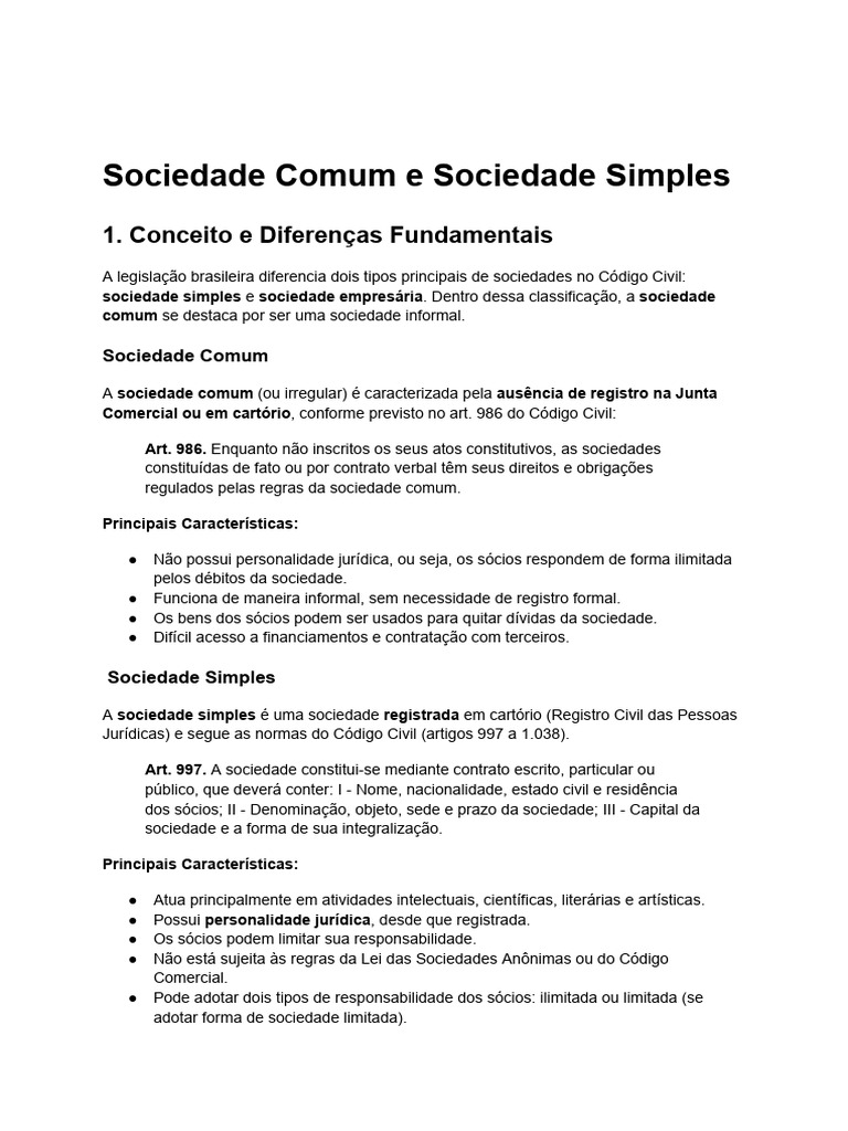 Diferenças entre Sociedade Comum e Simples | PDF | Justiça | Crime e ...