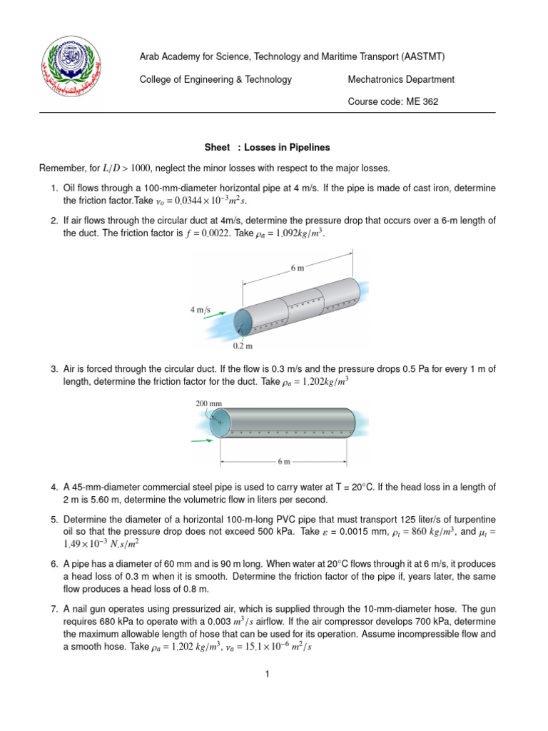 Fluid Mechanics 1 Sheet 6 Losses Q | PDF | Pipe (Fluid Conveyance ...