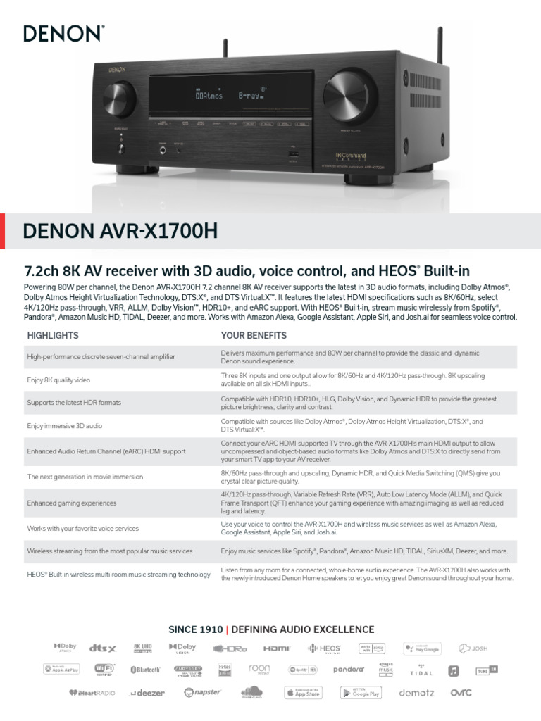 Denon AVR-X1700H 8K AV Receiver Specs | PDF | Hdmi | Sound Production ...
