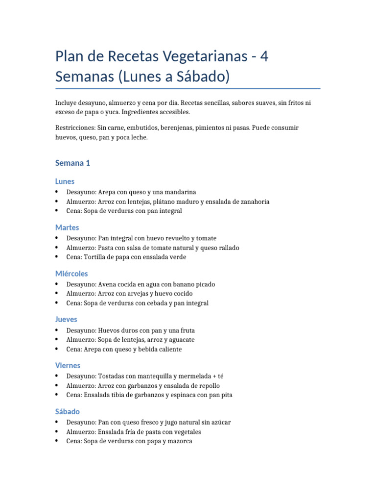 Recetas Vegetarianas 4 Semanas Final | PDF | Almuerzo | ensalada