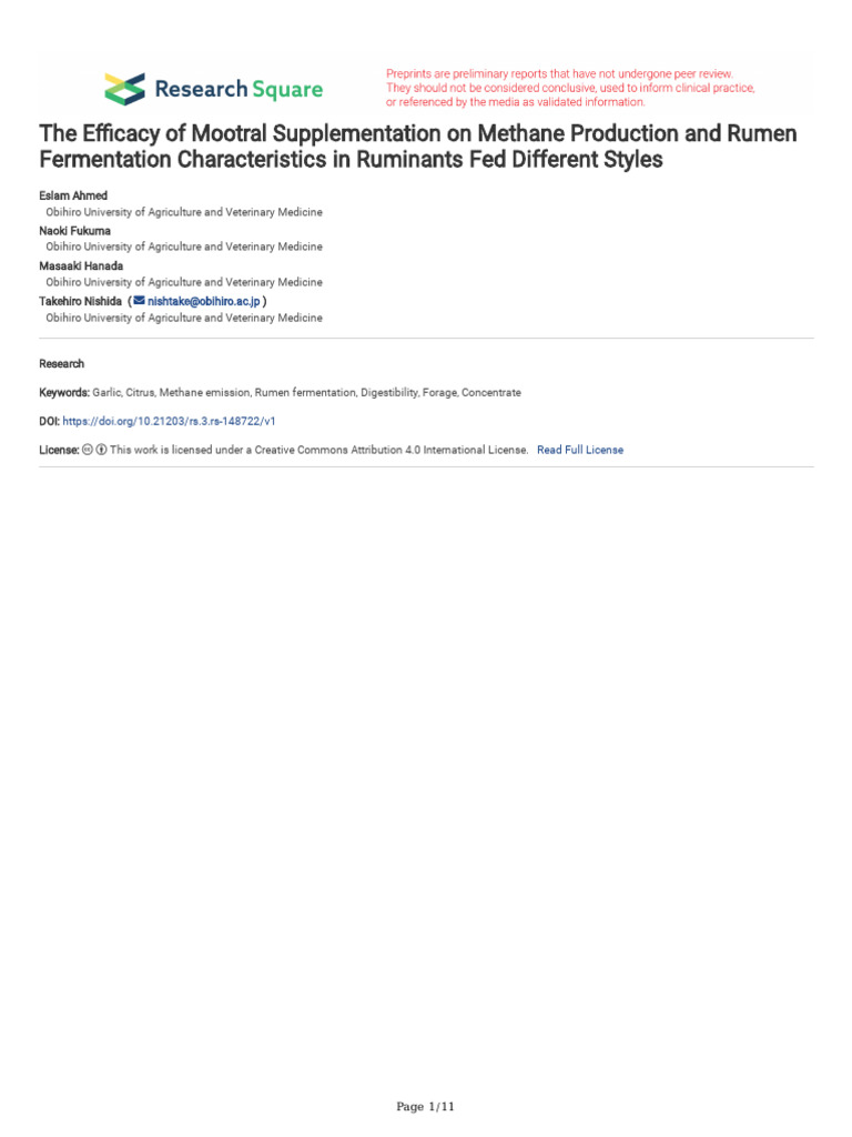 The Ecacy of Mootral Supplementation On Methane Production and Rumen ...