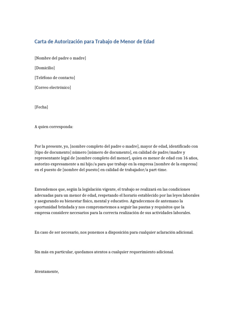 Permiso de Trabajo para Menor de Edad | PDF