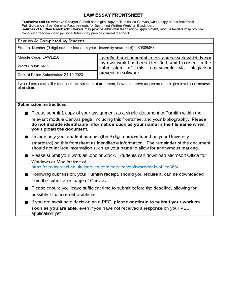 Combined Essay Frontsheet - Essay 1 | PDF | Precedent | Justice