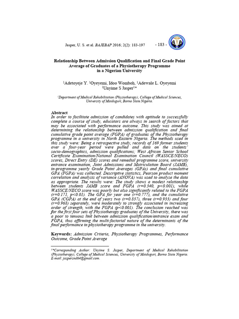 Admission Criteria and Physiotherapy GPA | PDF | Statistical Analysis ...