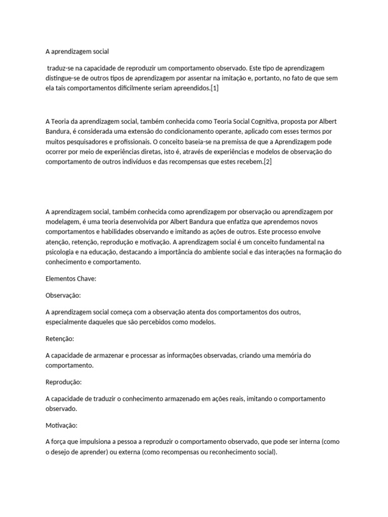 Teoria da Aprendizagem Social de Bandura | PDF | Aprendizado ...