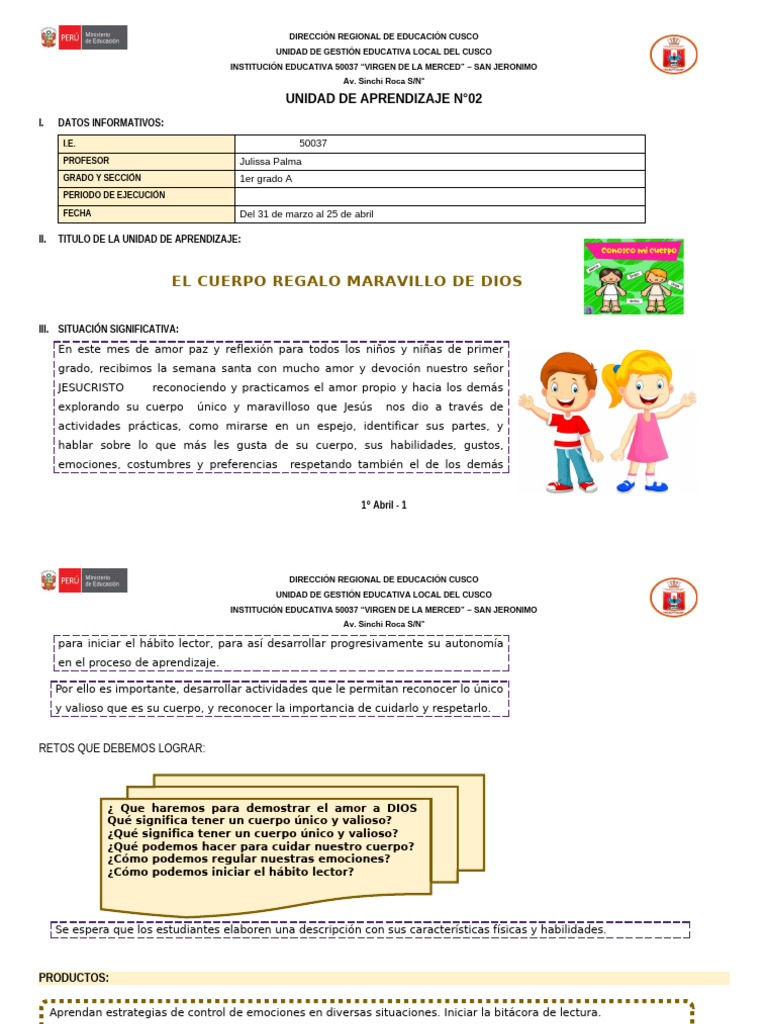 1° Grado - Unidad de Aprendizaje N°02 | PDF | Aprendizaje ...