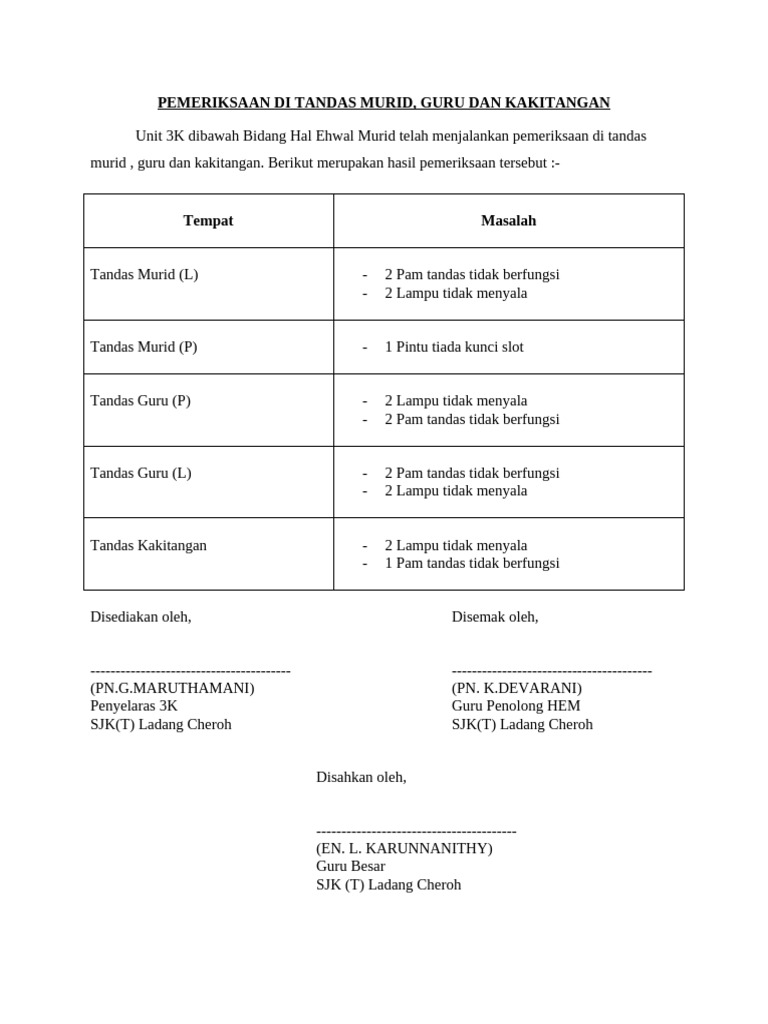 Pemeriksaan Di Tandas Murid Dan Tandas Guru | PDF