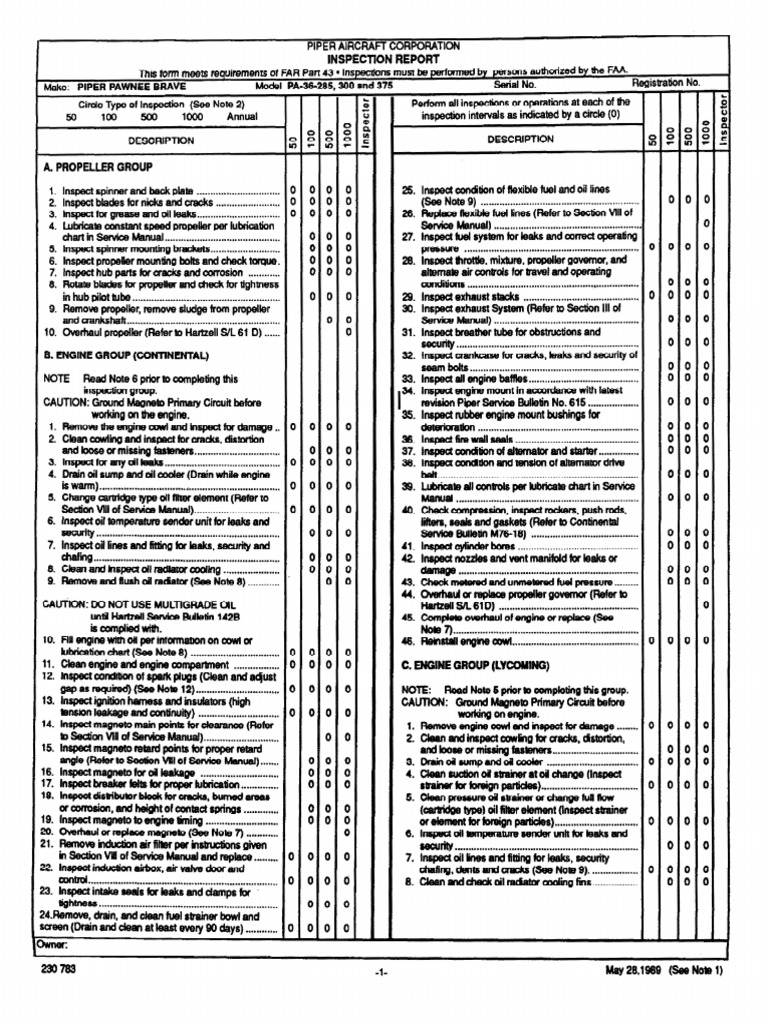 Piper PA-36 Inspection Report 230783 | PDF | Seat Belt | Valve