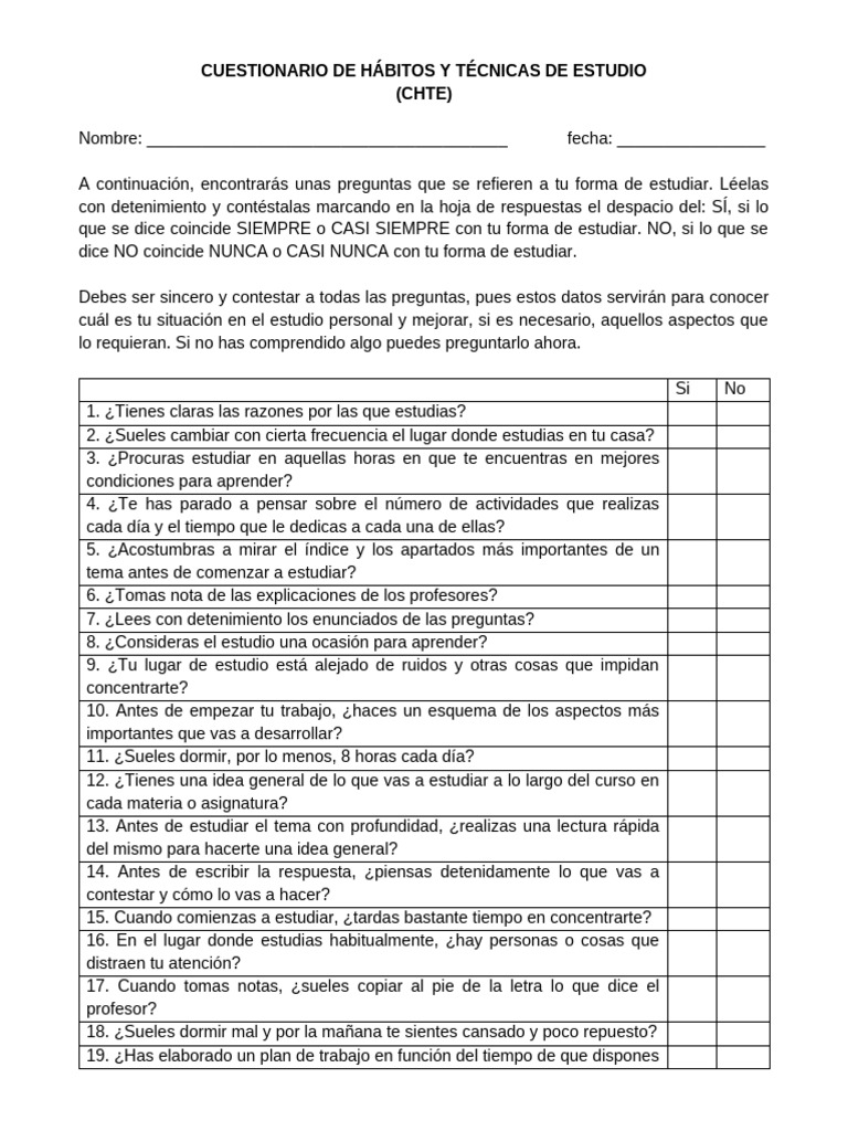 Cuestionario de Hábitos de Estudio | PDF