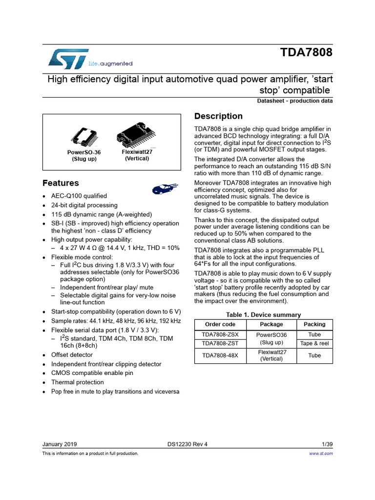 TDA7808 Automotive Power Amplifier | PDF | Amplifier | Information And ...
