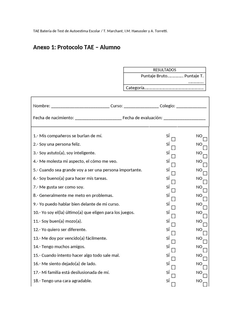 Test de Autoestima Escolar TAE | PDF
