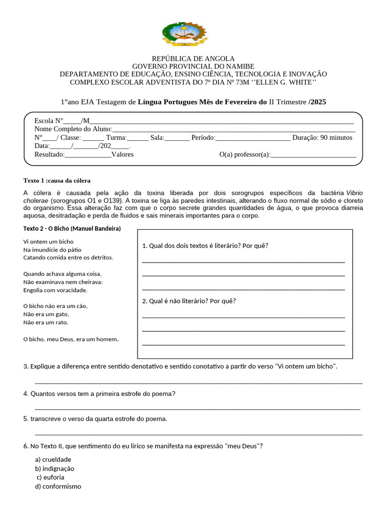 Teste de Língua Portuguesa EJA 1° e 2° Ano | PDF | Cólera | Informação