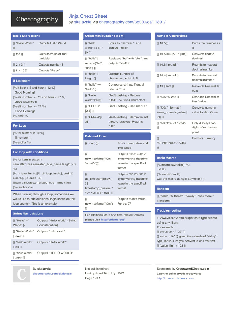 Jinja Template Basics Cheat Sheet | PDF | Computer Science | Software ...