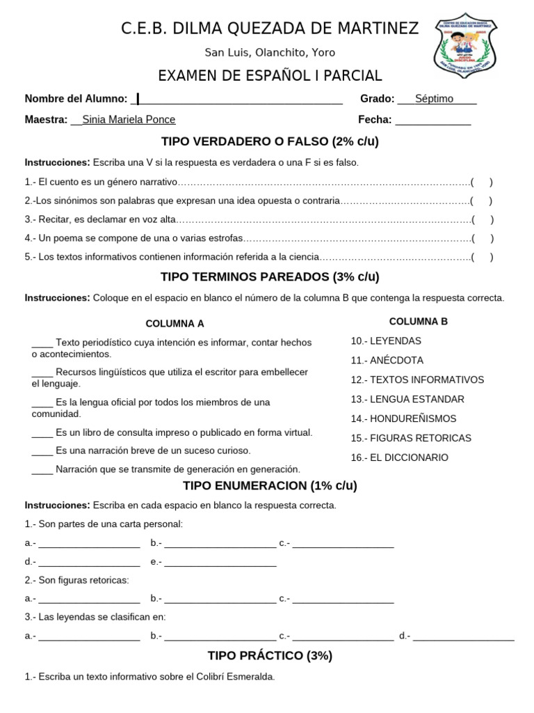 Examen de Español e Inglés Parcial | PDF | Dibujo | Escritura