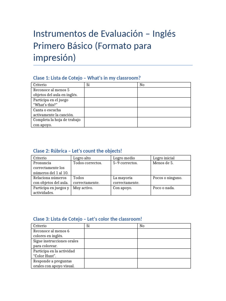 Evaluación de Inglés para Primer Grado | PDF