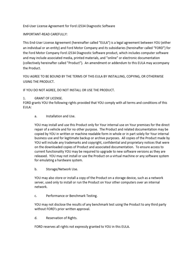 Ford J2534 Diagnostic Software EULA | PDF | License | Business Law