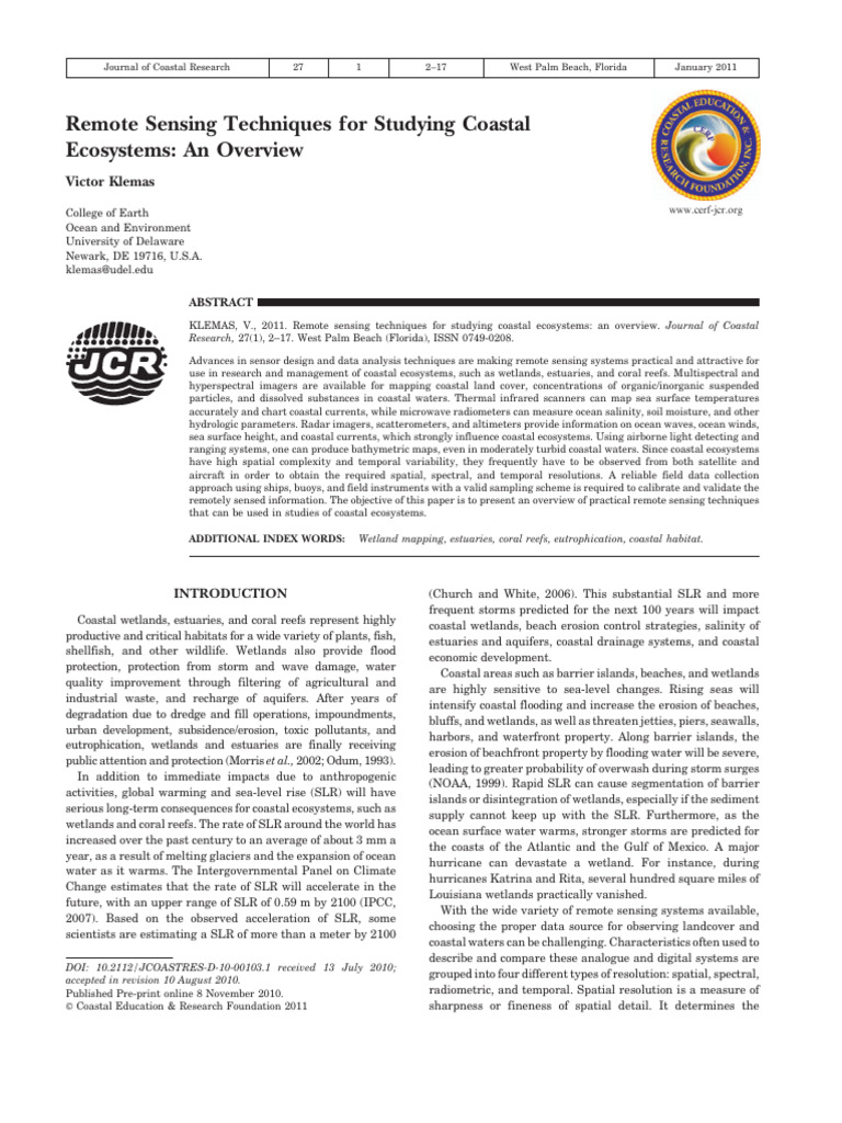 Remote Sensing Techniques For Studying Coastal Ecosystems - An Overview ...
