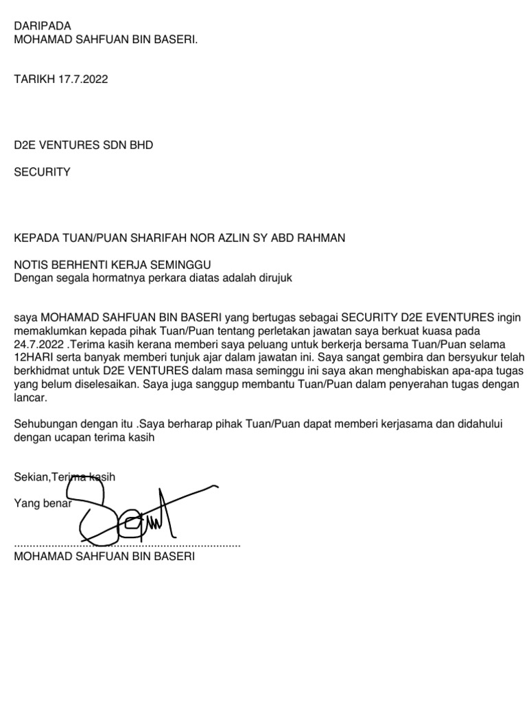 Notis Berhenti Kerja Pdf