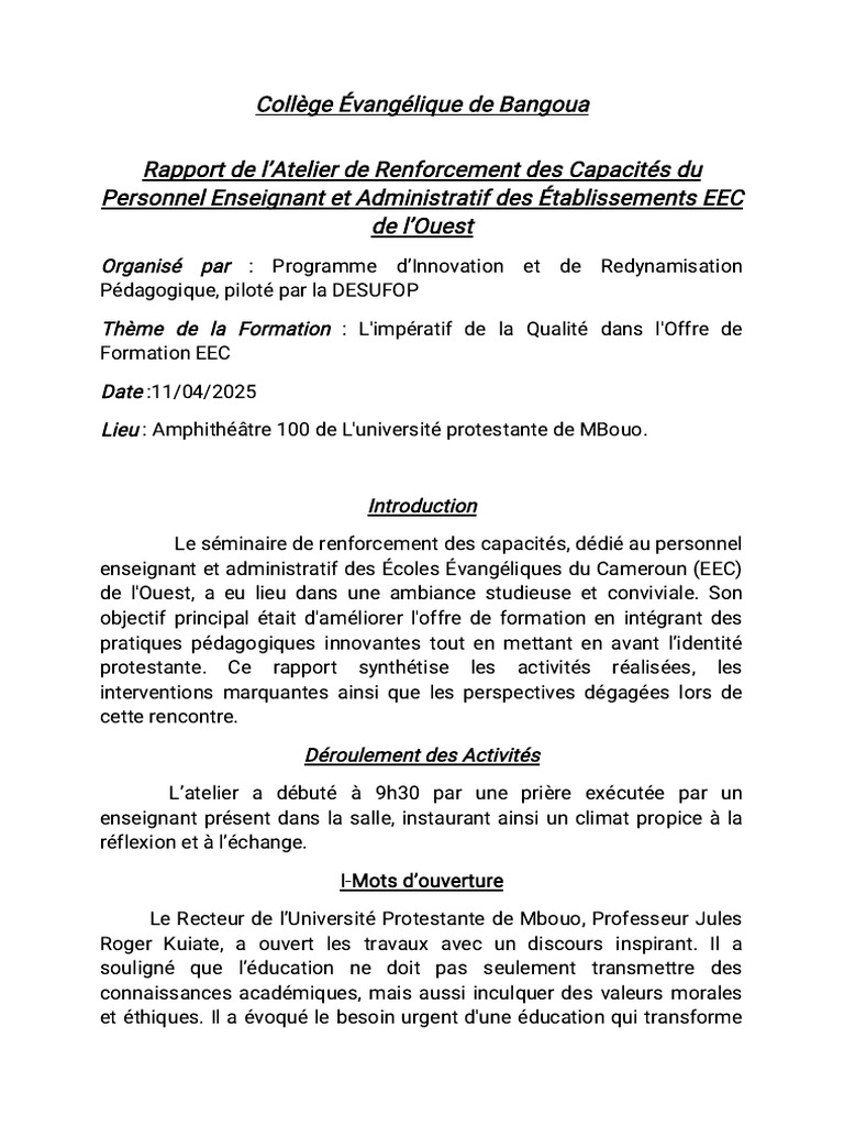 Rapport sur l'Atelier de Formation EEC | PDF | Pédagogie