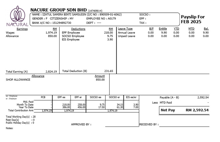 Payslip Sample for February 2025 | PDF