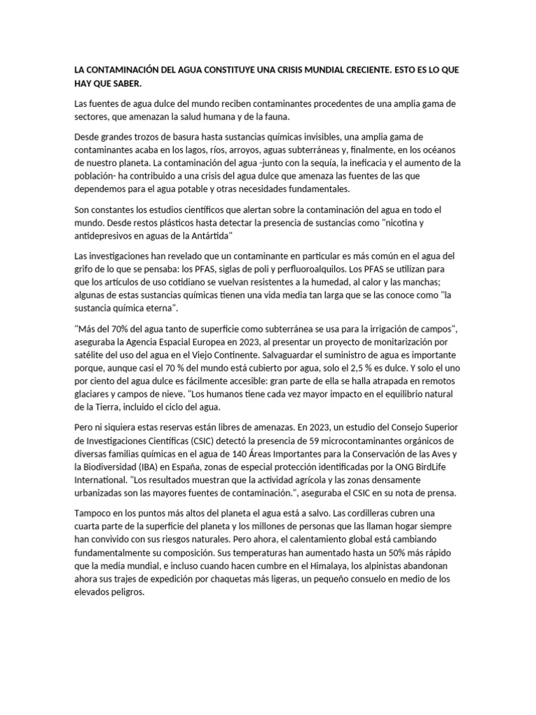 La Contaminación Del Agua Constituye Una Crisis Mundial Creciente | PDF ...