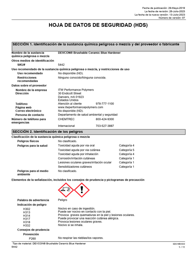 5442 DEVCON® Brushable Ceramic Blue Hardener SDS Mexico Mexican Spanish ...