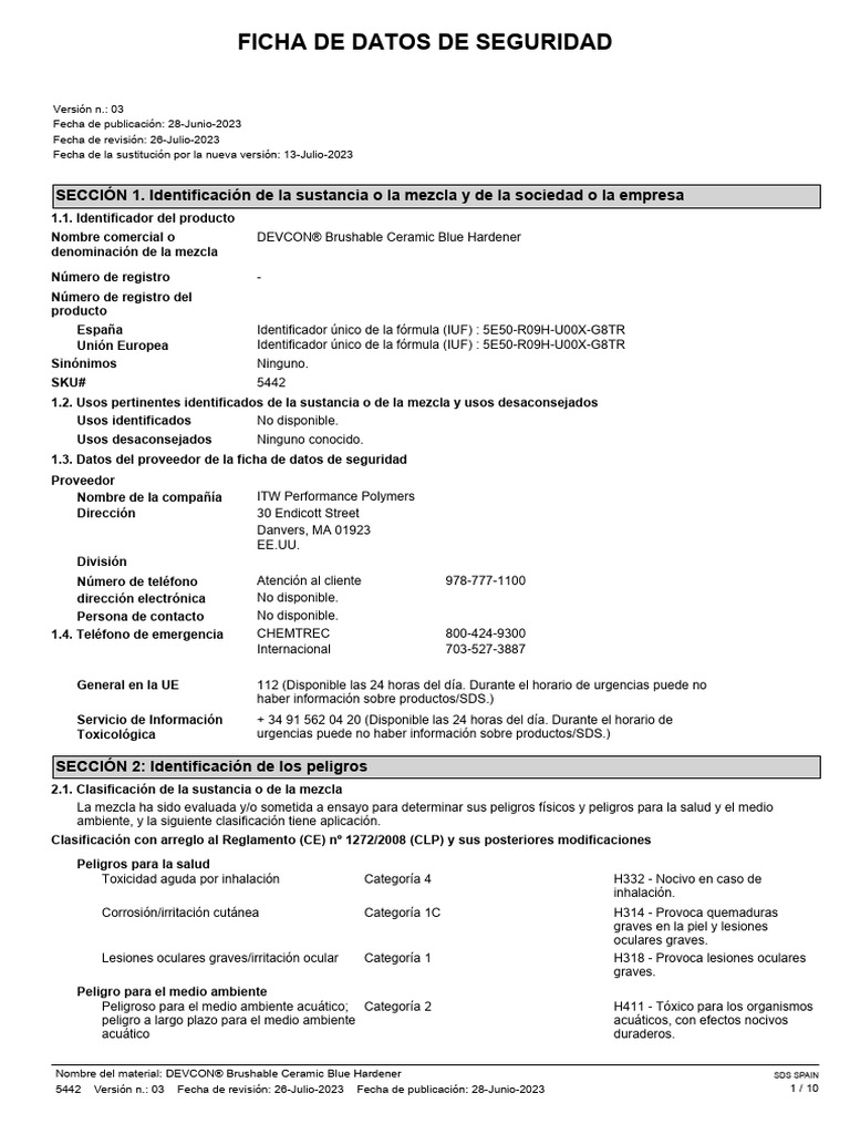 5442 ES DEVCON® Brushable Ceramic Blue Hardener SDS Spain Spanish | PDF