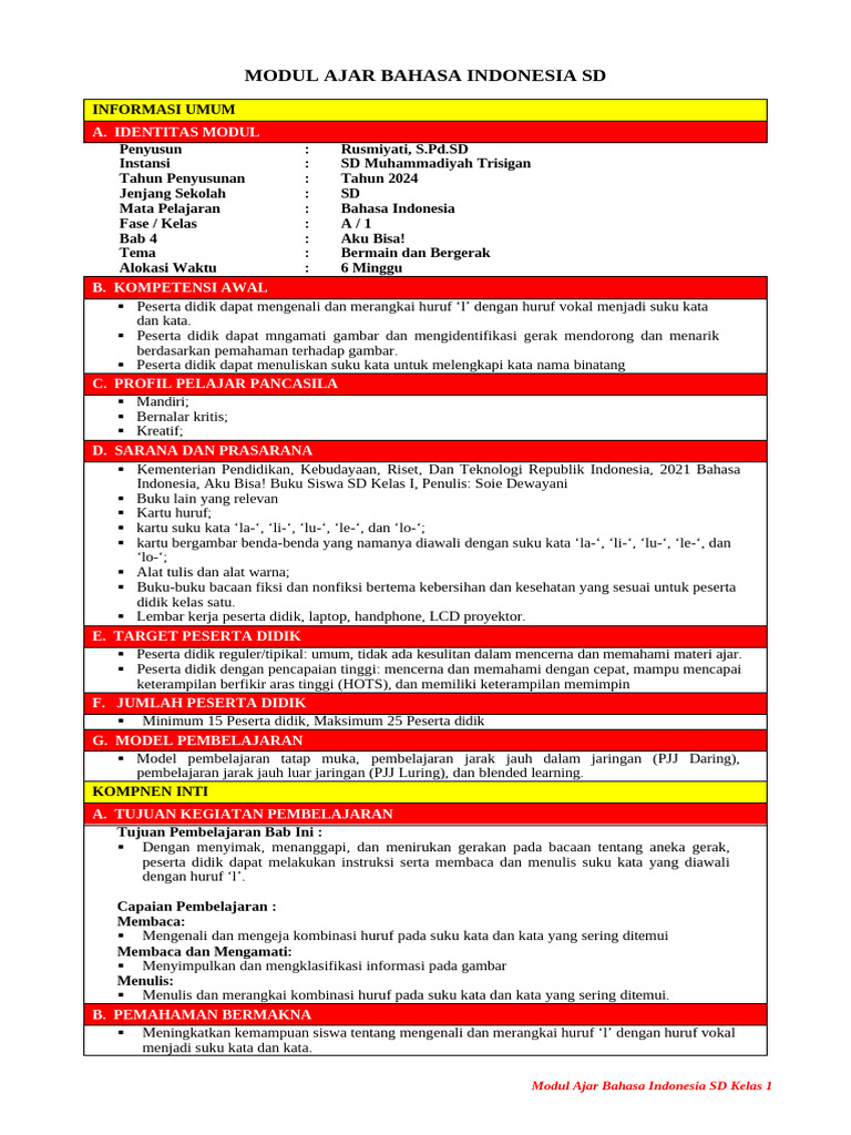 Modul Ajar Bahasa Indonesia Kelas 1 Kurikulum Merdeka | PDF