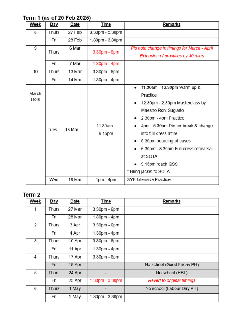 2025 Sem 1 Choir Schedule (Upd 20.02) | PDF