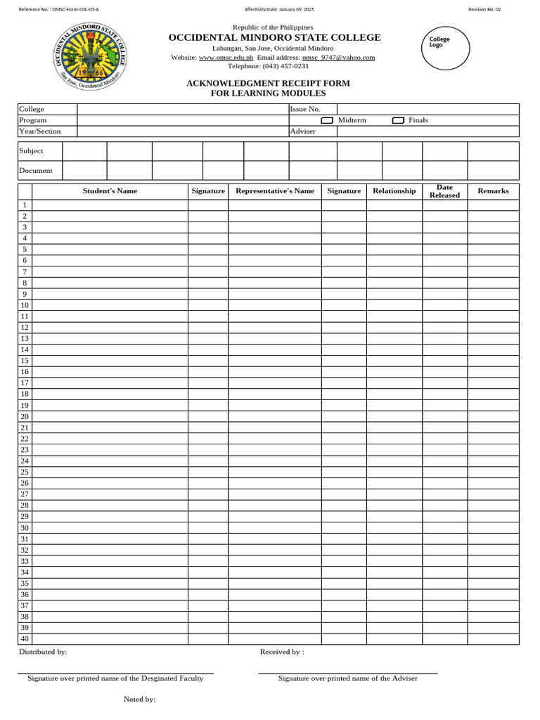 OMSC-Form-COL-05-A Acknowledgment Receipt Form For Learning Modules ...