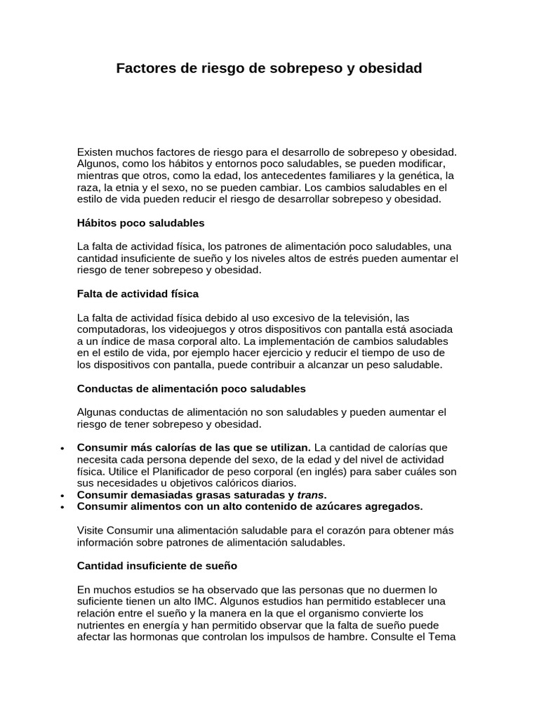Factores de Riesgo de Sobrepeso y Obesidad | PDF | Obesidad | Índice de ...