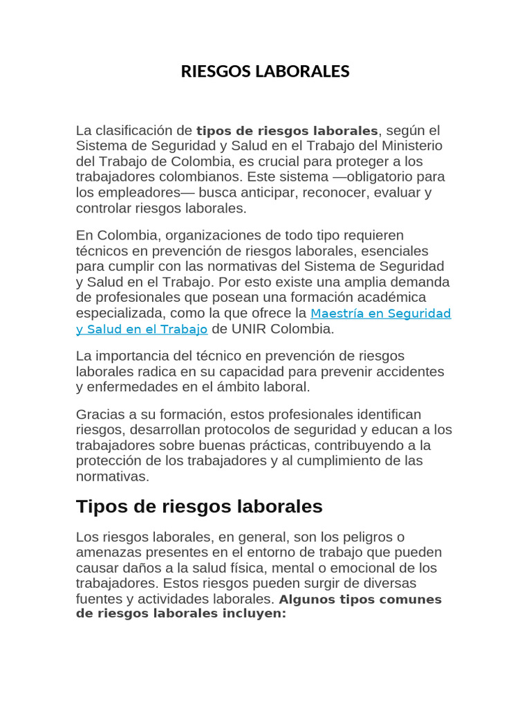 Clasificación de Riesgos Laborales en Colombia | PDF | Seguridad y ...