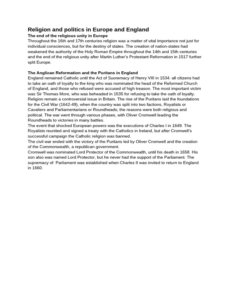 Religion and Politics in Europe and England | PDF