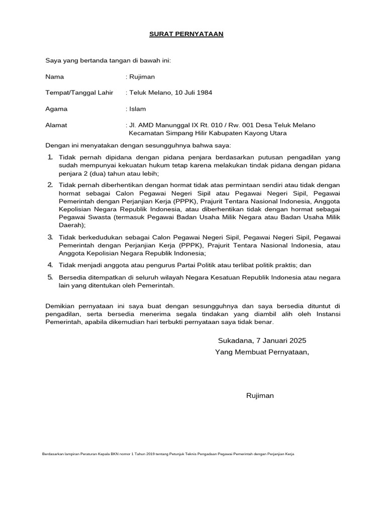 Surat Pernyataan Rujiman untuk Pendaftaran PPPK | PDF