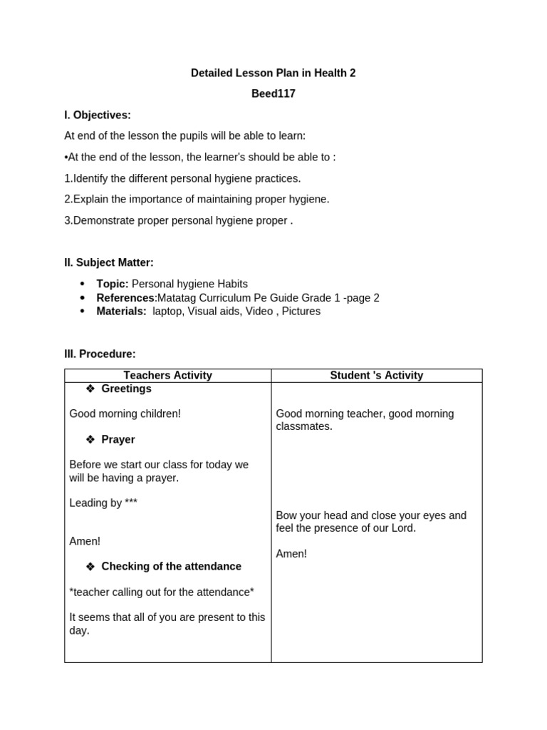 Personal Hygiene Lesson Plan for Kids | PDF | Hygiene | Toothbrush