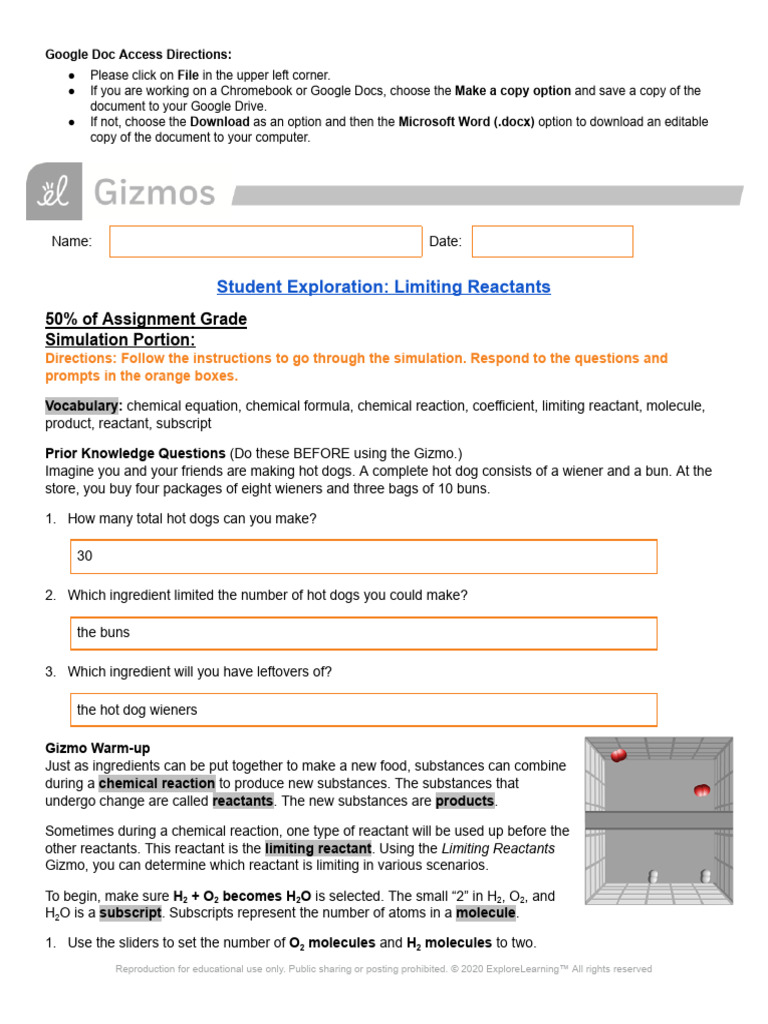 Limiting Reactants Simulation Guide | PDF | Methane | Chemical Reactions