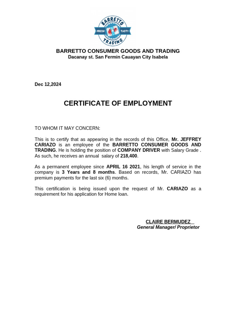 Certificate of Employment for Loan Application | PDF
