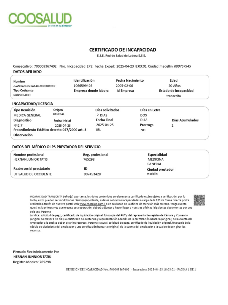 Certificado de Incapacidad Médica 2025 | PDF