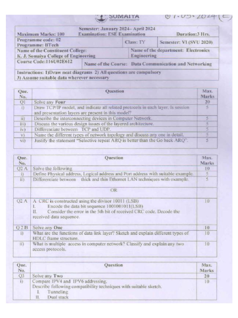 Computer Networks Past Paper3 End Sem | PDF