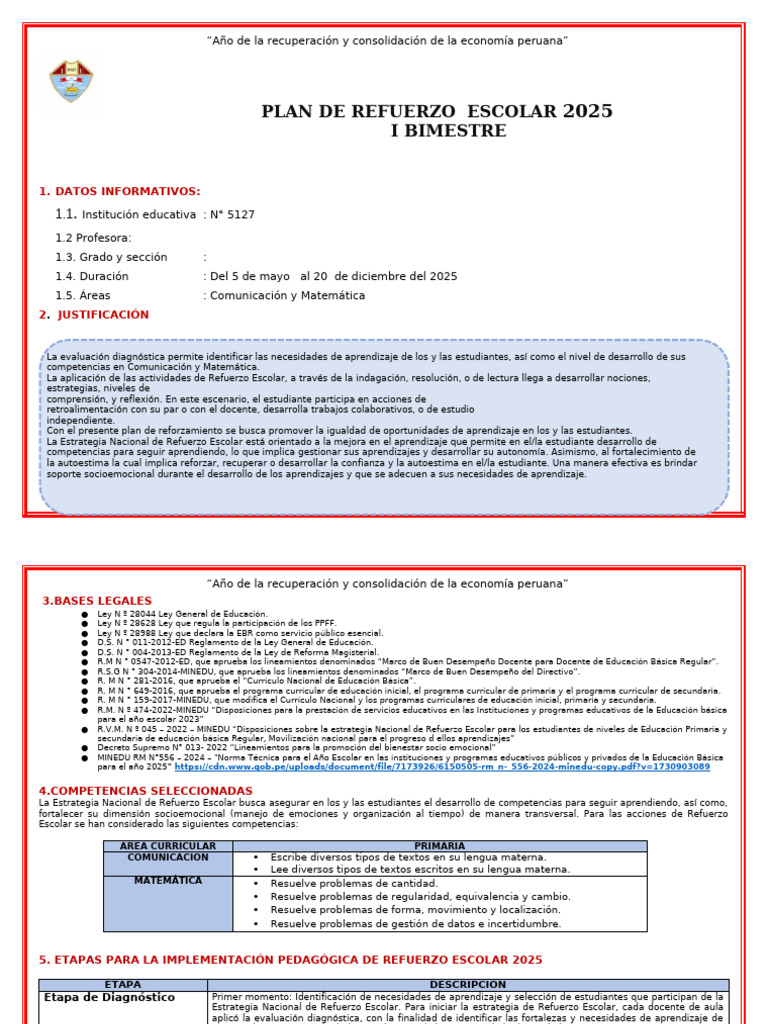 Plan de Refuerzo Escolar 2025 Primaria | PDF | Aprendizaje | Evaluación