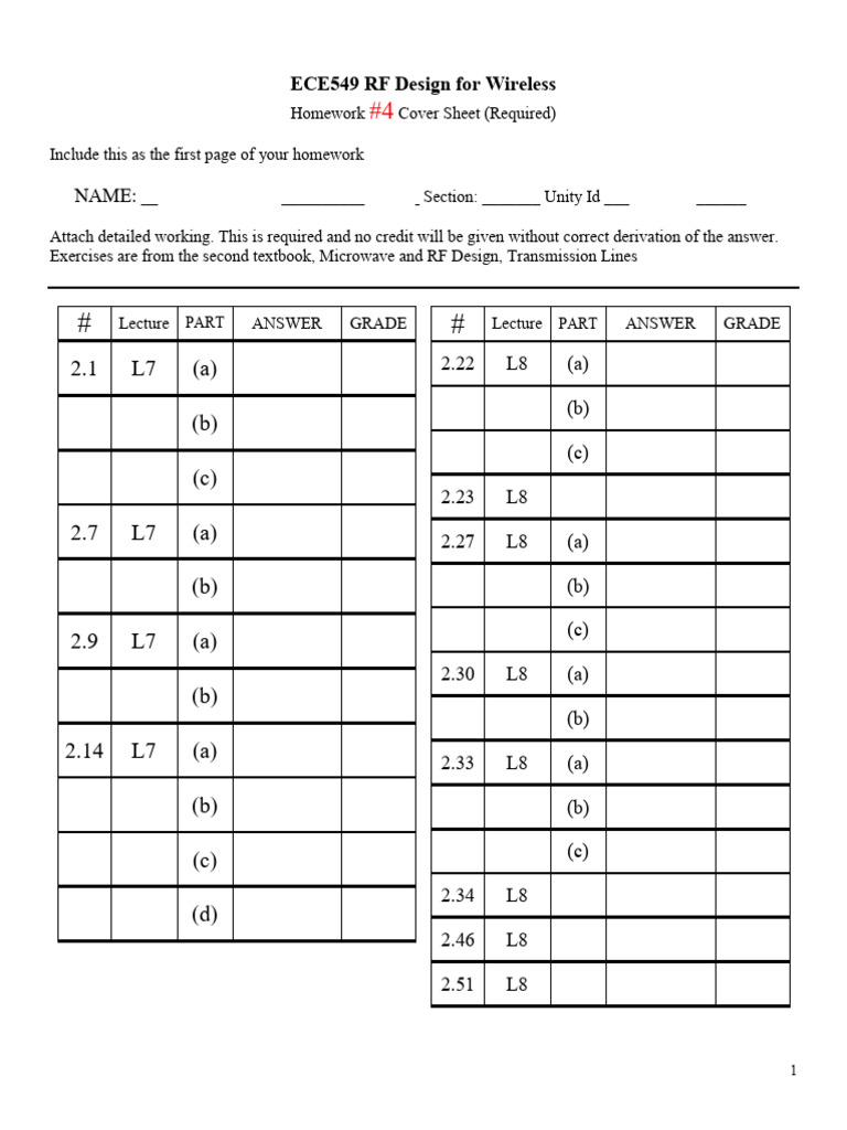 ECE549 RF Design Homework #4 Cover Sheet | PDF