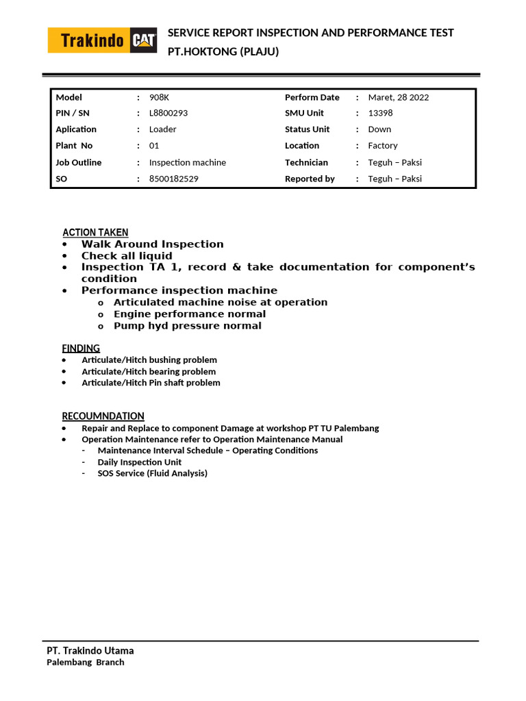 SR 8500182529 Inspection Report Noise Articulated 908K SN L8800293 PT ...