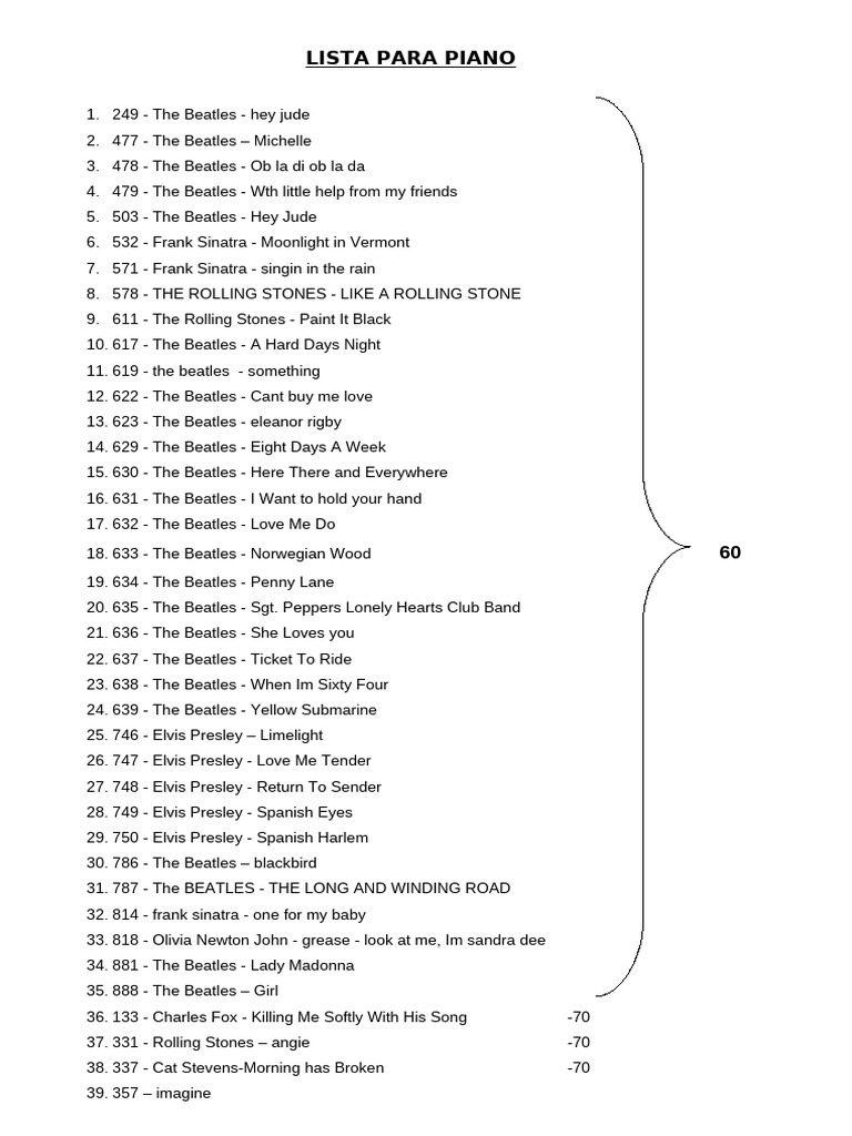 Piano Sheet Music Song List | PDF | The Beatles | James Bond