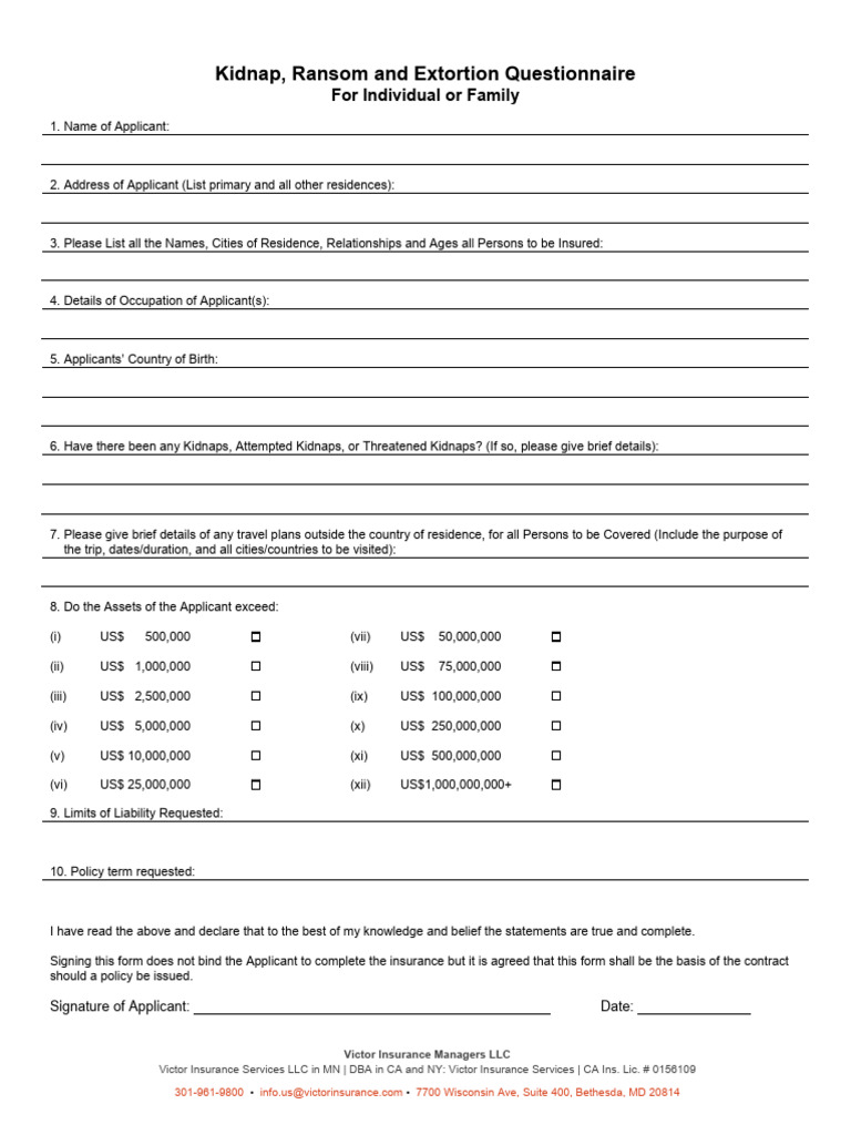 US Kidnap Ransom Application Individual Family | PDF