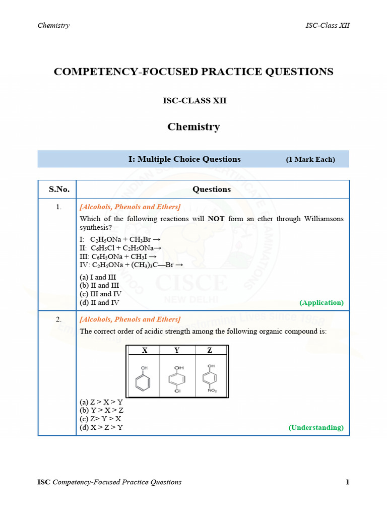 ISC Class XII Chemistry Practice Questions | PDF | Chemical Reactions ...