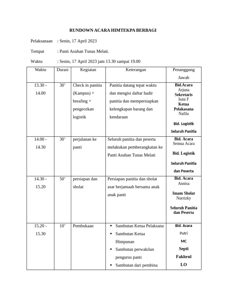 Rundown Acara Himtekpa Berbagi 2023 | PDF