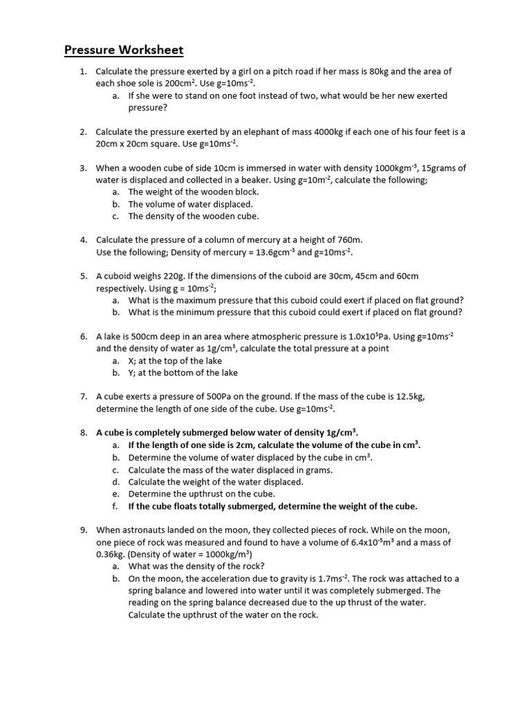 Pressure Calculations and Concepts Worksheet | PDF | Buoyancy | Density
