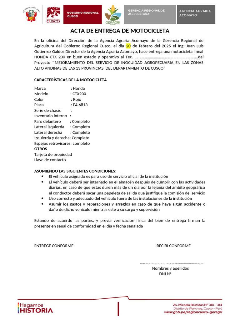 Acta de Entrega de Motocicleta Honda CTX 200 | PDF