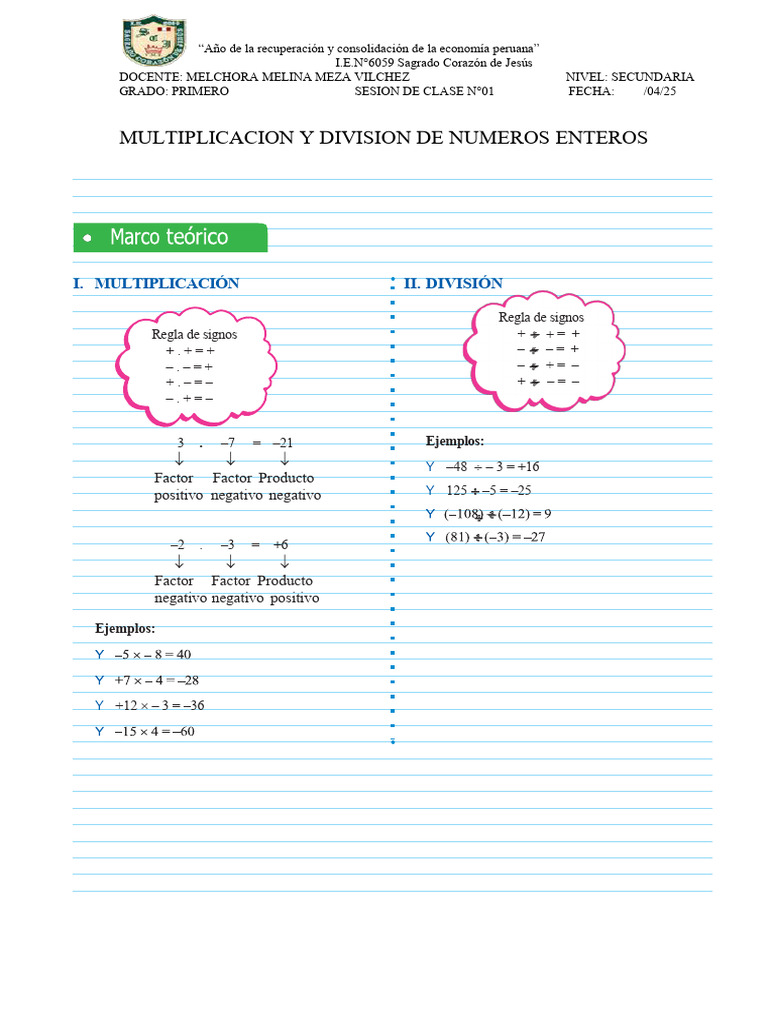Multiplicación y División de Números Enteros | PDF | Multiplicación